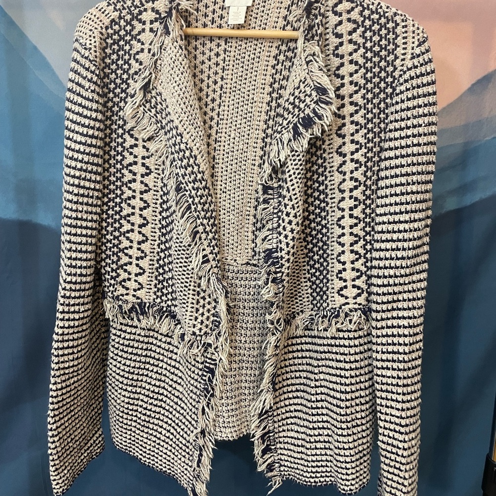 Chico's Black and White Patterned Knit Cardigan with Fringe